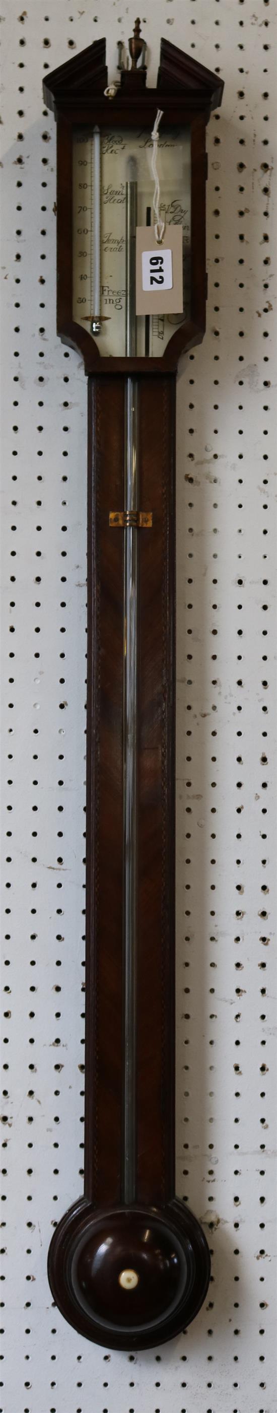 Georgian line-inlaid mahogany stick barometer, bearing signature Gatty (mercury removed)